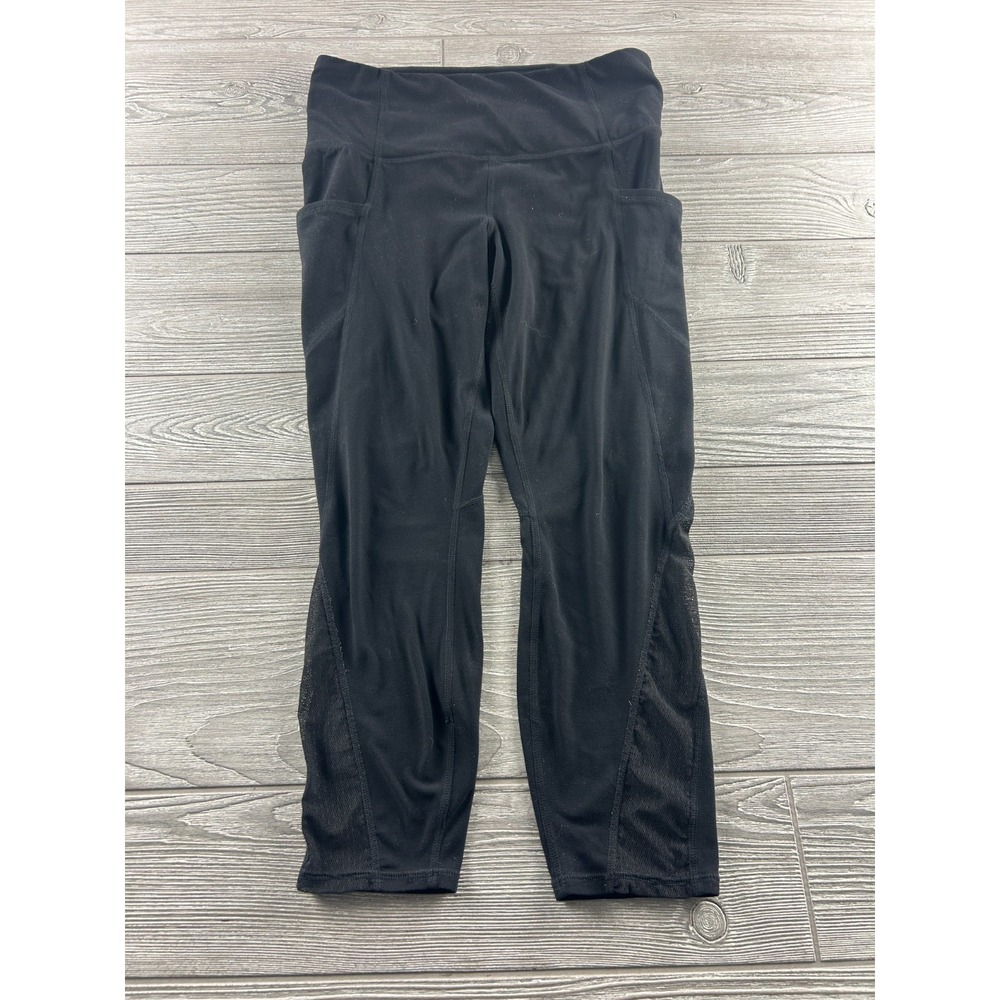 Athleta Womens Black Mesh Cropped Leggings Petite Medium Pockets Activewear